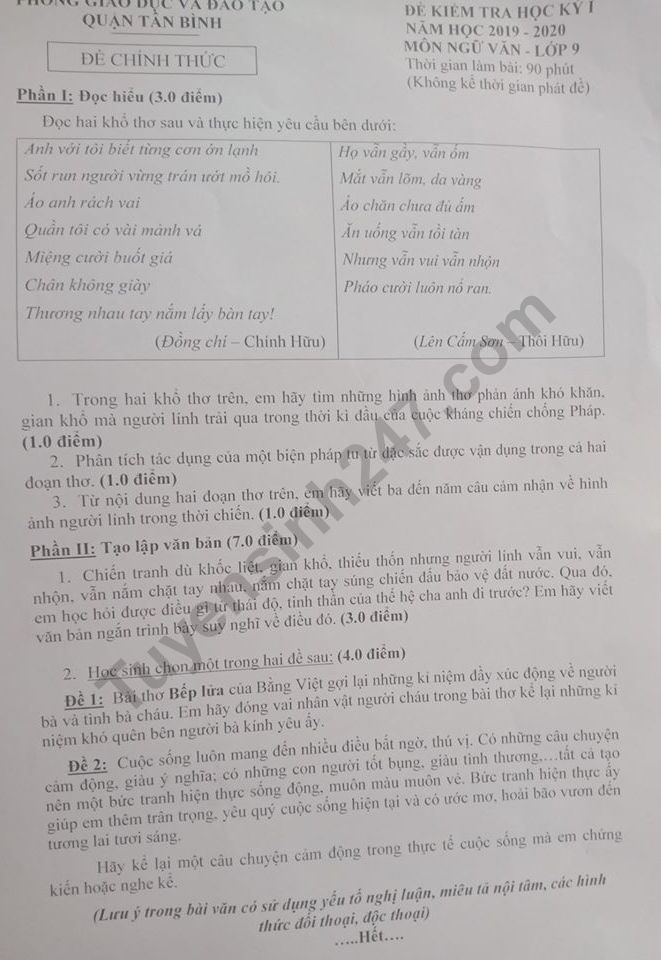 De thi hoc ki 1 Van lop 9 Phong GD&DT Tan Binh 2019-2020