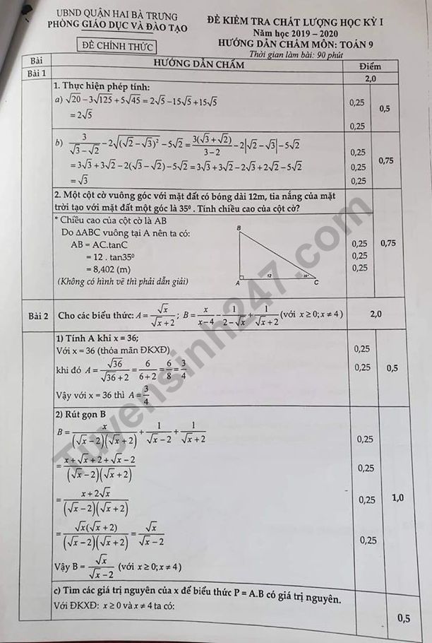 De thi ki 1 mon Toan lop 9 Quan Hai Ba Trung 2019 - Co dap an