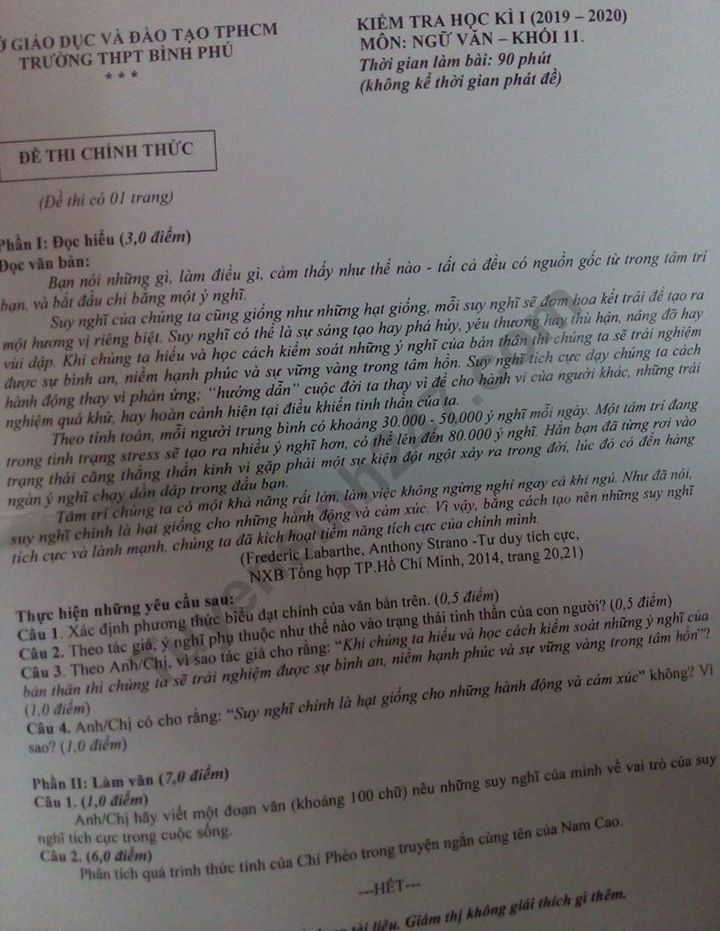 De thi ki 1 lop 11 mon Van THPT Binh Phu 2019 - 2020