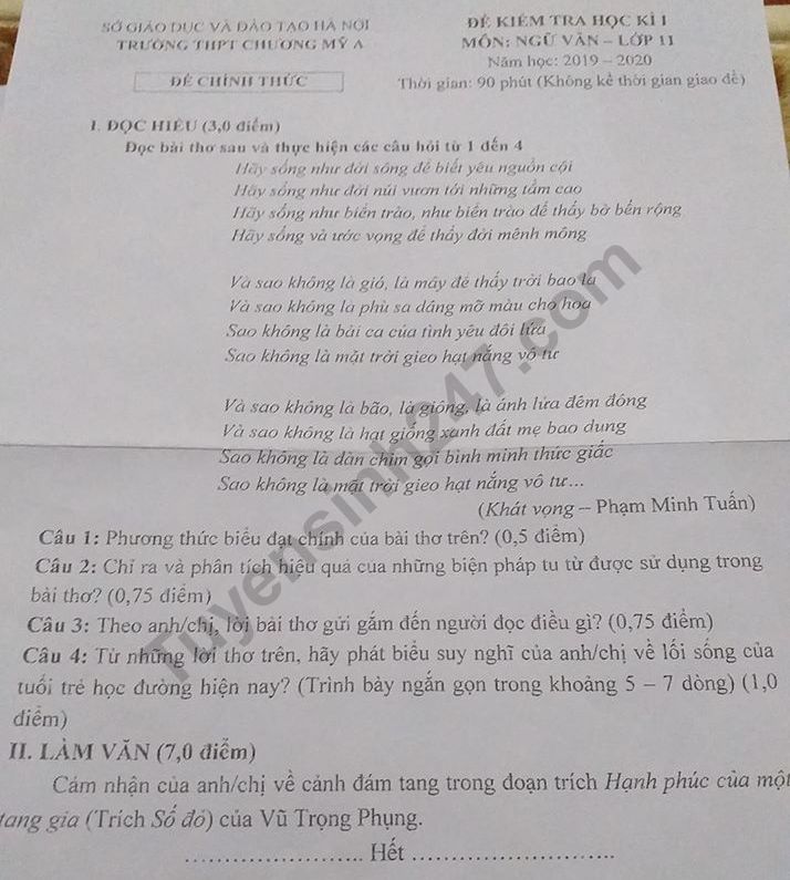 De thi mon Van hoc ki 1 lop 11 THPT Chuong My A 2019 - 2020