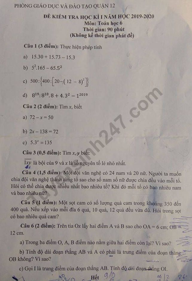 De thi ki 1 lop 6 mon Toan 2019 - 2020 Quan 12