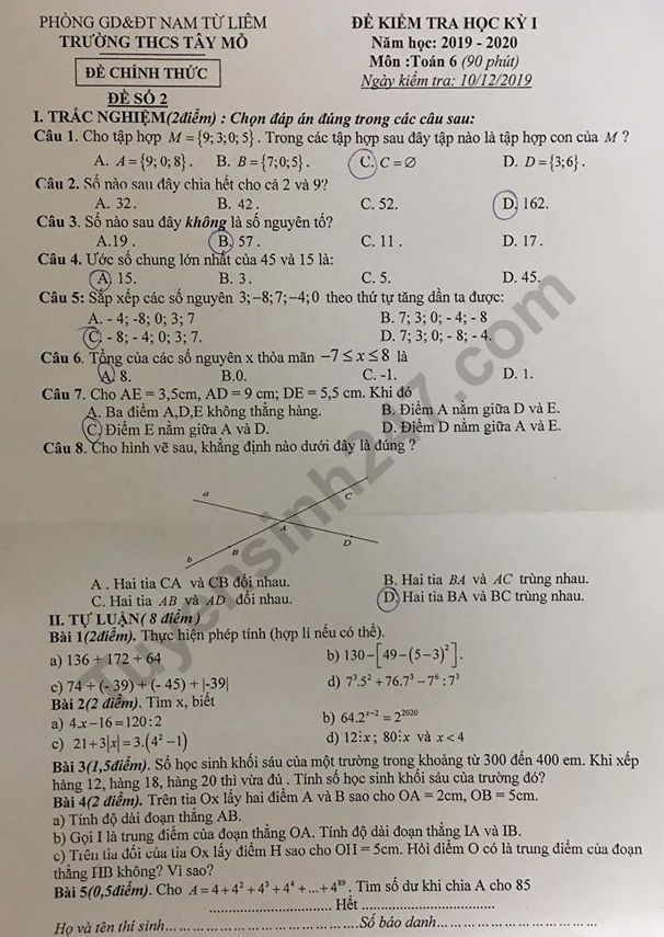 De thi ki 1 lop 6 mon Toan THCS Tay Mo 2019 - 2020