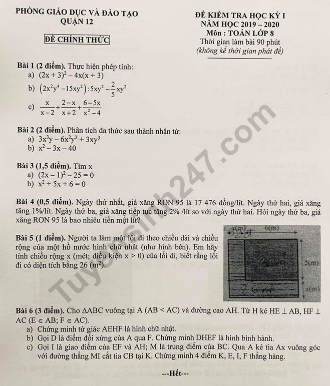 De thi ki 1 lop 8 nam 2019 - 2020 mon Toan Quan 12