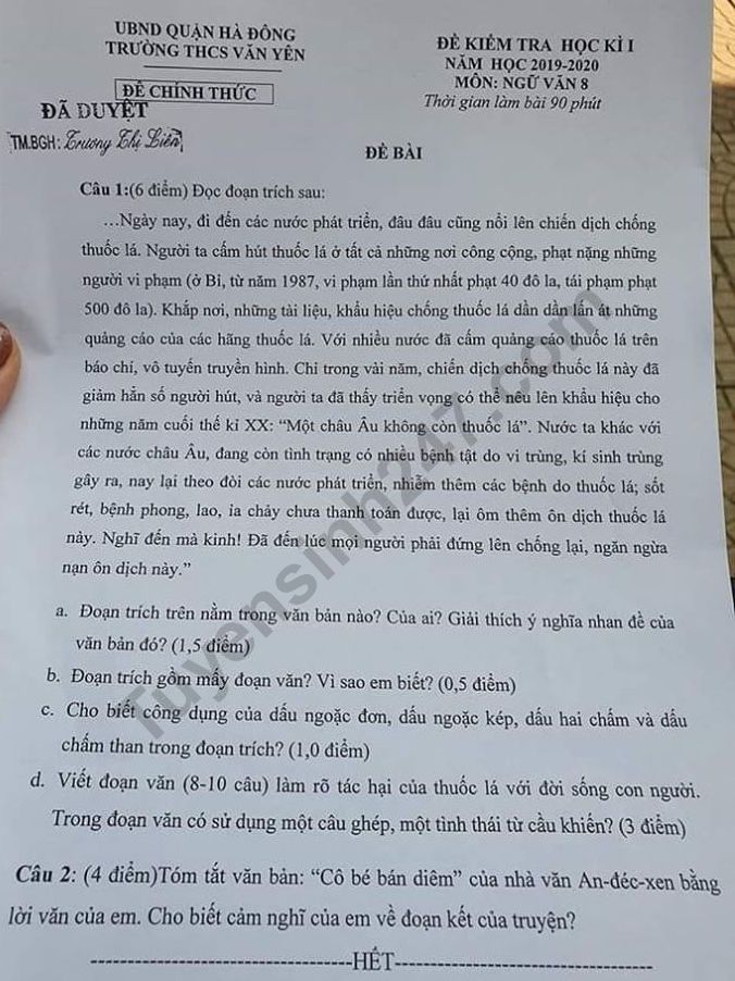 De thi ki 1 mon Van lop 8 Quan Ha Dong 2019 - 2020