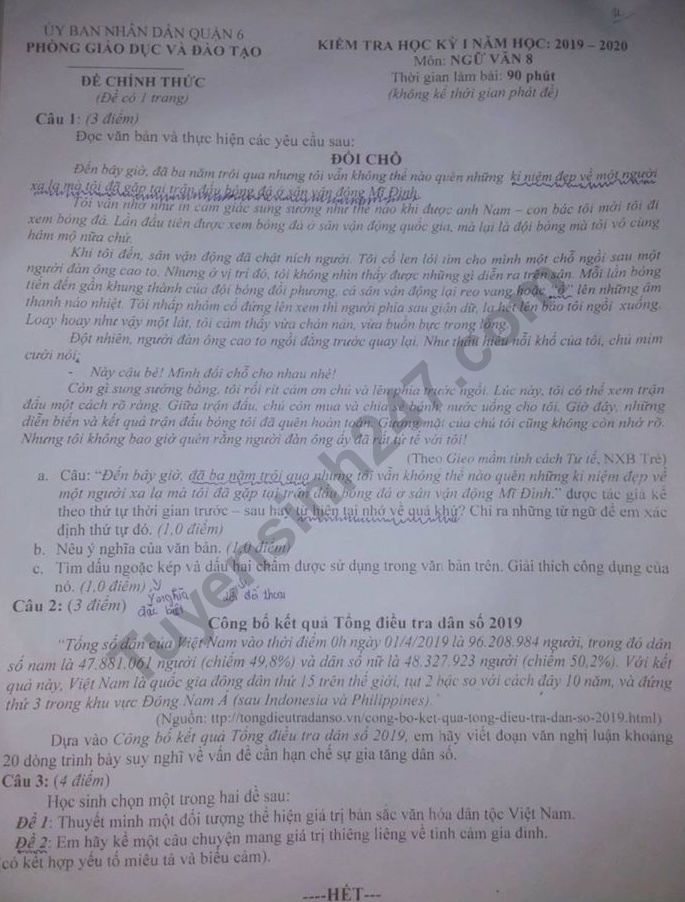 De thi ki 1 mon Van lop 8 Quan 6 nam 2019