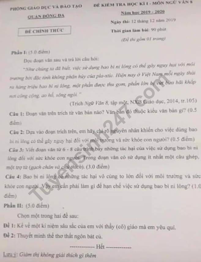 De thi ki 1 lop 8 mon Van Quan Dong Da 2019 - 2020