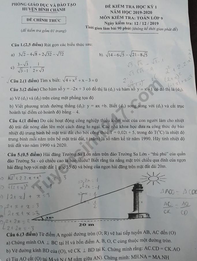 De thi ki 1 lop 9 nam 2019 - 2020 mon Toan huyen Binh Chanh