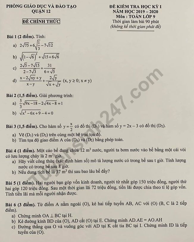 De thi ki 1 lop 9 mon Toan Quan 12 nam 2019