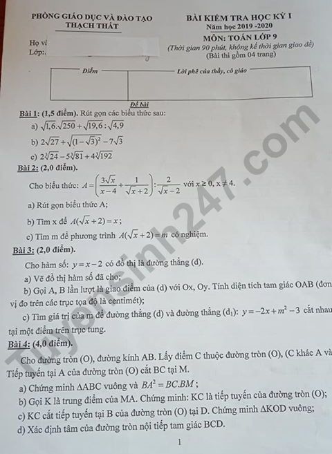 De thi ki 1 lop 9 mon Toan Phong GD Thach That 2019 - 2020