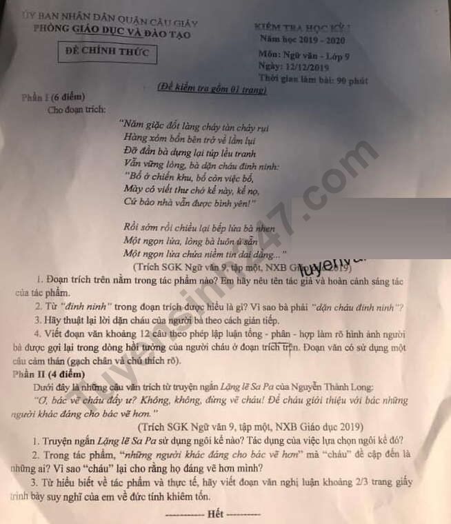 De thi ki 1 mon Van lop 9 Quan Cau Giay 2019 - 2020