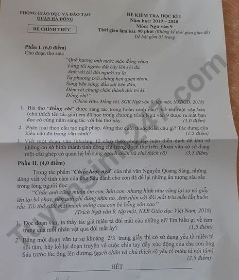 De thi ki 1 lop 9 mon Van Quan Ha Dong 2019 - 2020