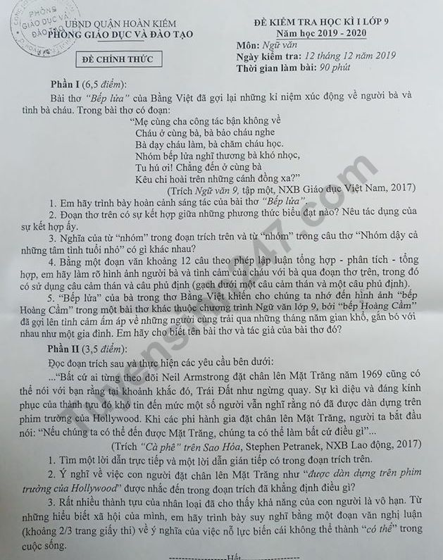 De thi ki 1 mon Van lop 9 Quan Hoan Kiem 2019 - 2020 co dap an