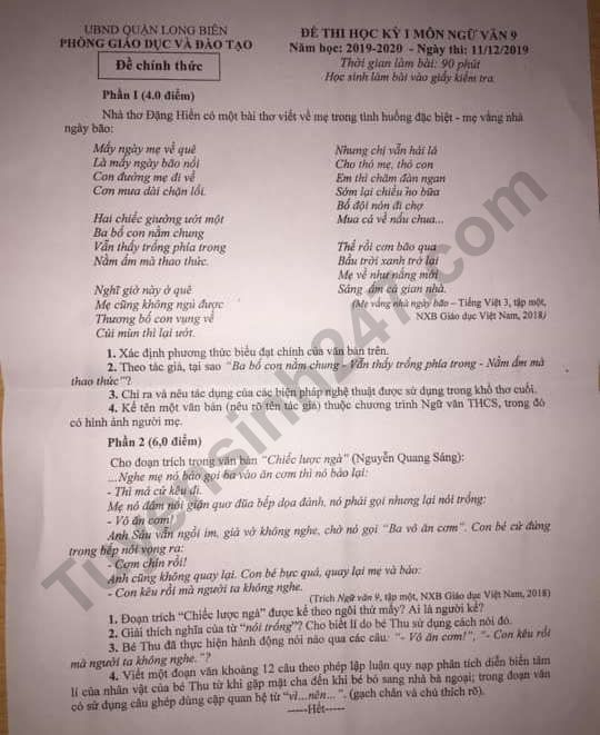 De thi ki 1 lop 9 mon Van Quan Long Bien 2019 - 2020 co dap an
