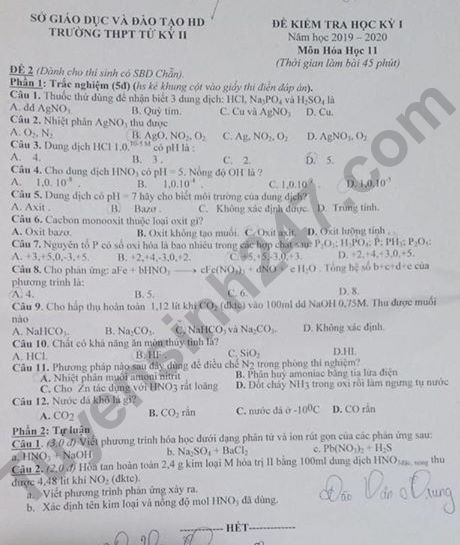 De thi Hoa hoc lop 11 ki 1 nam 2019 THPT Tu Ky 2