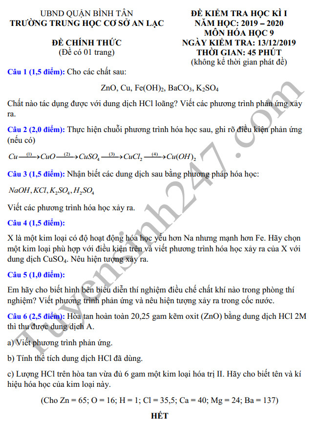 De thi cuoi ki 1 mon Hoa 9 nam hoc 2019-2020 THCS An Lac