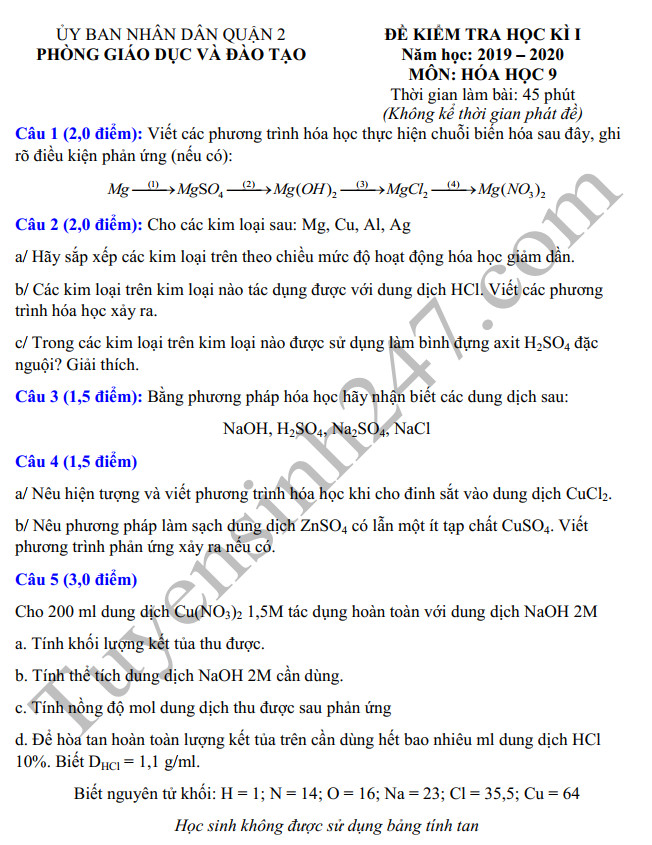 De thi mon Hoa lop 9 ki 1 Phong GD&DT Quan 2 nam 2019