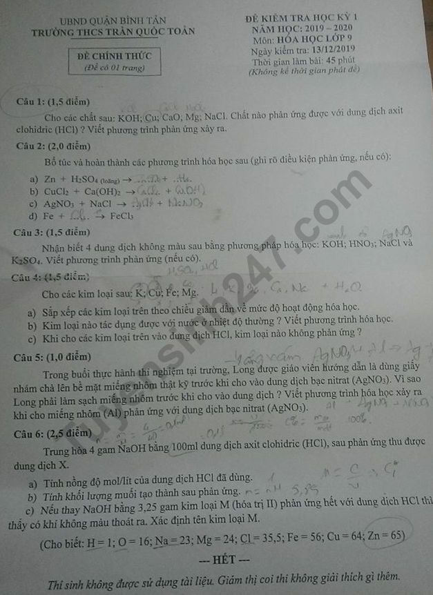 De thi mon Hoa lop 9 cuoi ki 1 THPT Tran Quoc Toan nam 2019