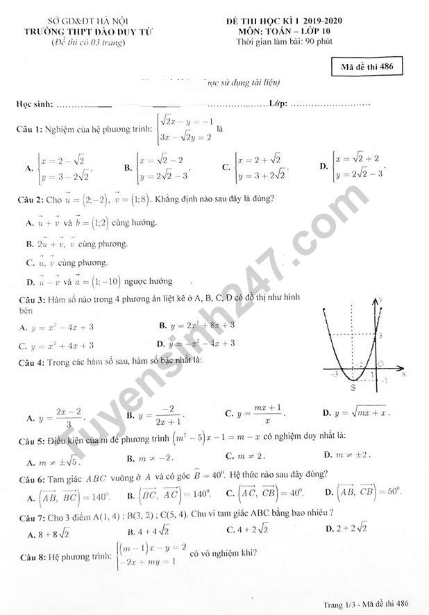 De thi ki 1 lop 10 mon Toan 2019 - 2020 THPT Dao Duy Tu (co dap an)