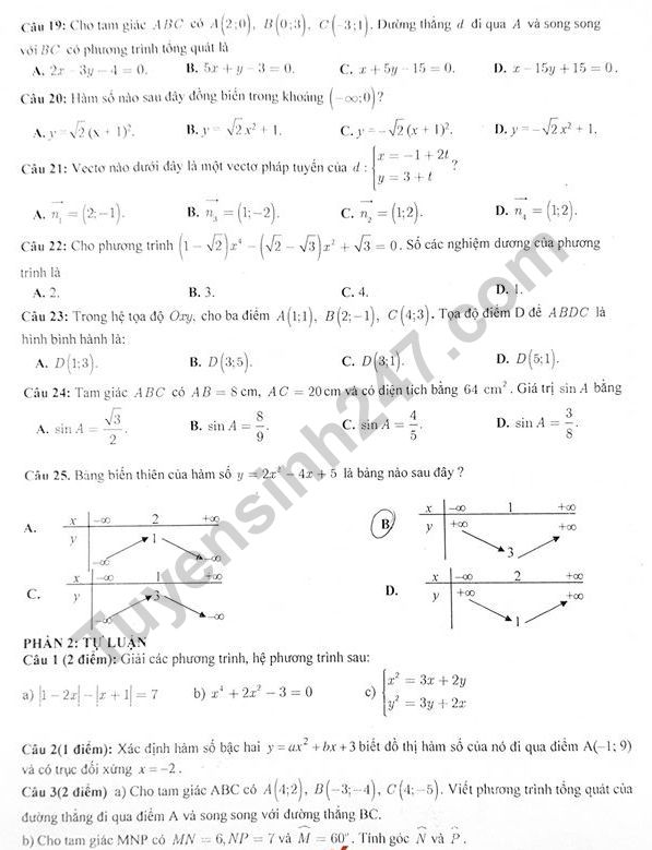 De thi ki 1 lop 10 mon Toan 2019 - 2020 THPT Dao Duy Tu (co dap an)