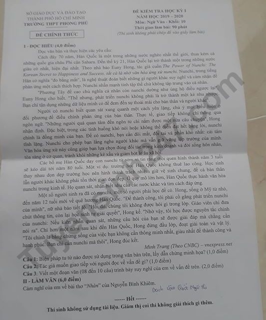 De thi ki 1 lop 10 mon Van 2019 - 2020 THPT Phong Phu