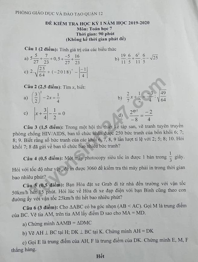 De thi ki 1 lop 7 mon Toan Quan 12 nam 2019