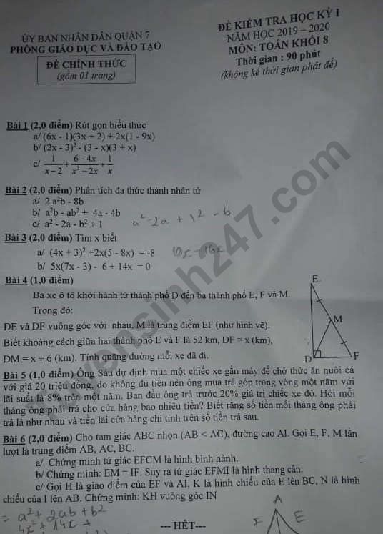 De thi ki 1 lop 8 mon Toan 2019 - 2020 Quan 7