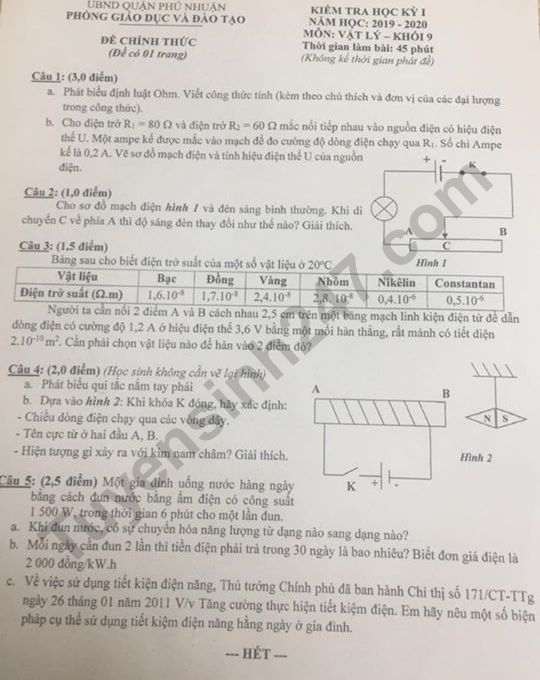 De thi ki 1 lop 9 mon Ly 2019 - 2020 Quan Phu Nhuan