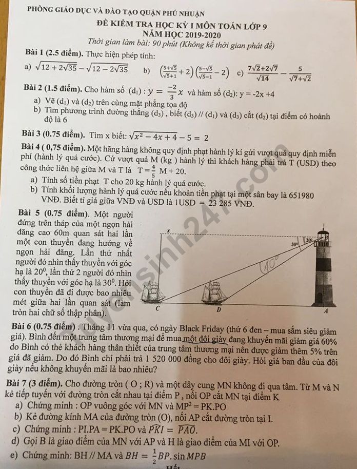 De thi ki 1 lop 9 mon Toan - Quan Phu Nhuan 2019
