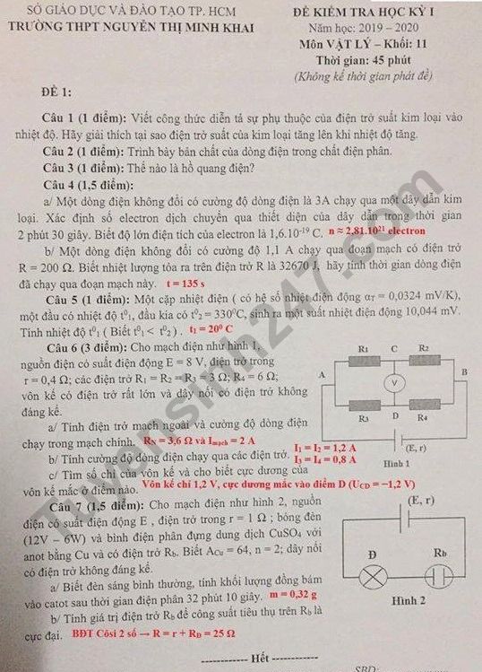 De thi ki 1 mon Ly lop 11 THPT Nguyen Thi Minh Khai nam 2019