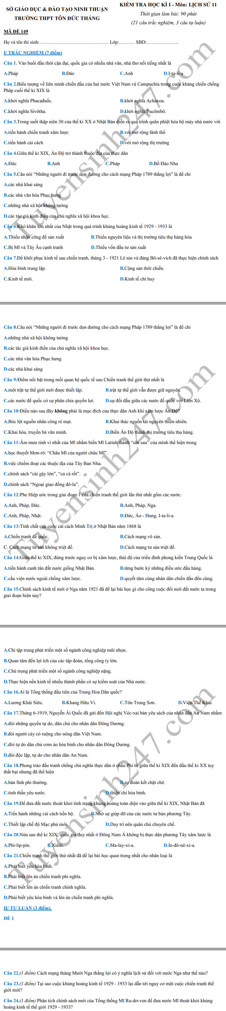 De thi ki 1 lop 11 mon Su nam 2019 - THPT Ton Duc Thang