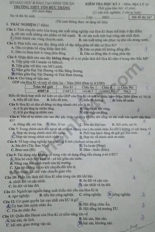 De thi mon Dia lop 11 ki 1 nam 2019 THPT Ton Duc Thang
