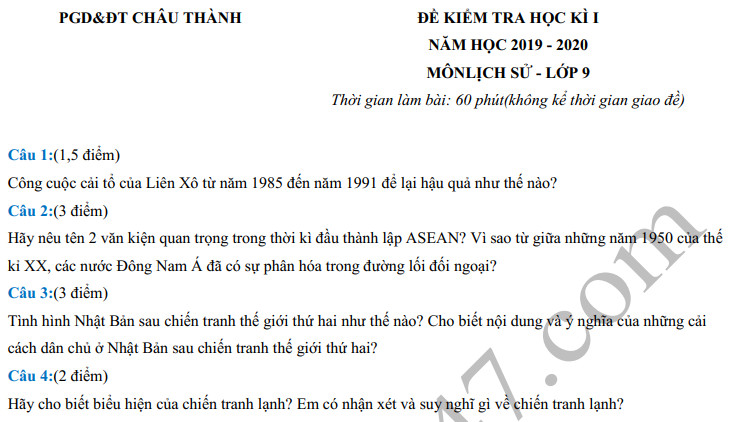 De thi mon Su lop 9 Phong GD&DT Chau Thanh nam 2019