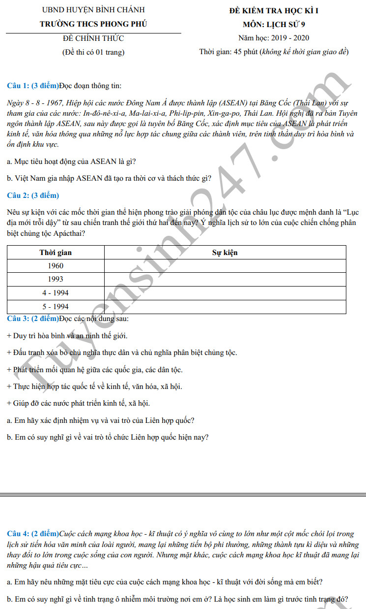 De thi hoc ki 1 mon Su lop 9 THCS Phong Phu nam 2019