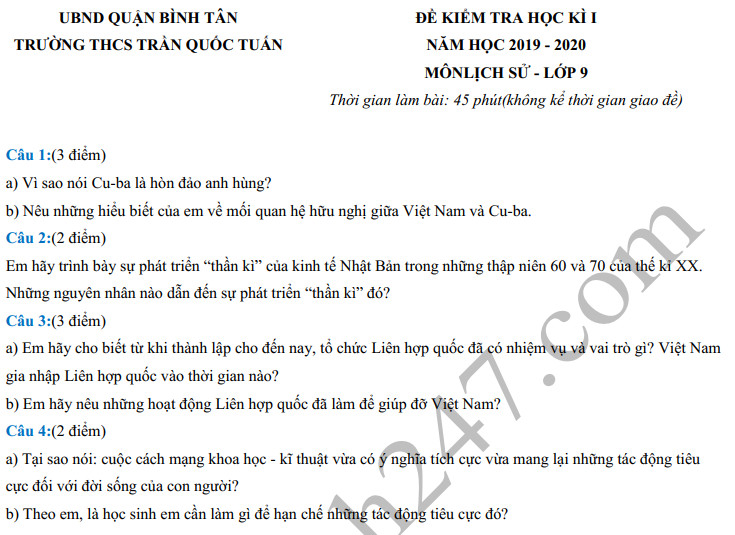 De thi hoc ki 1 lop 9 mon Su THCS Tran Quoc Tuan nam 2019