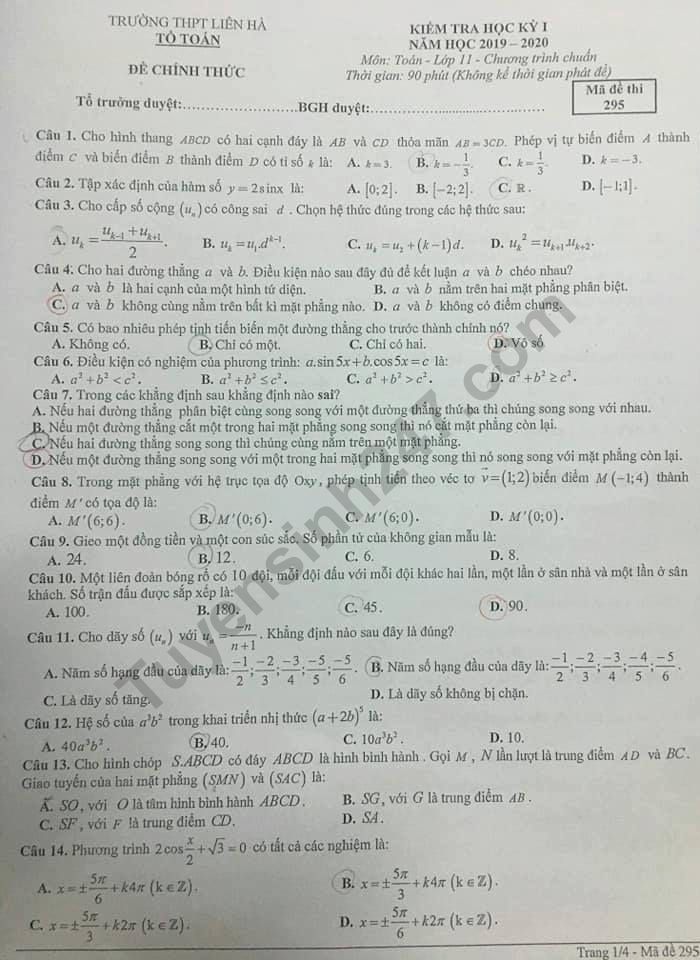 De thi ki 1 lop 11 mon Toan - THPT Lien Ha nam 2019