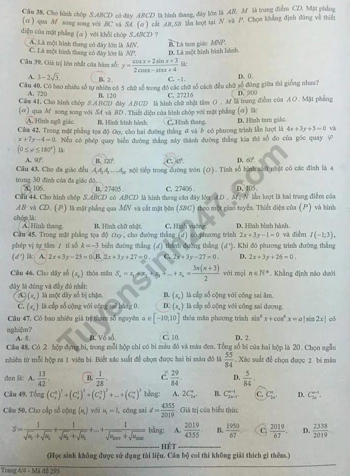 De thi ki 1 lop 11 mon Toan - THPT Lien Ha nam 2019