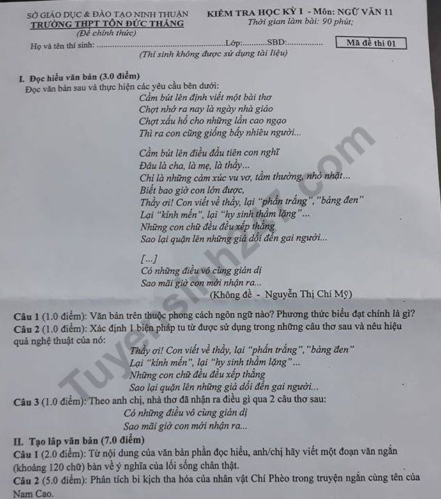 De thi mon Van lop 11 ki 1 THPT Ton Duc Thang nam 2019