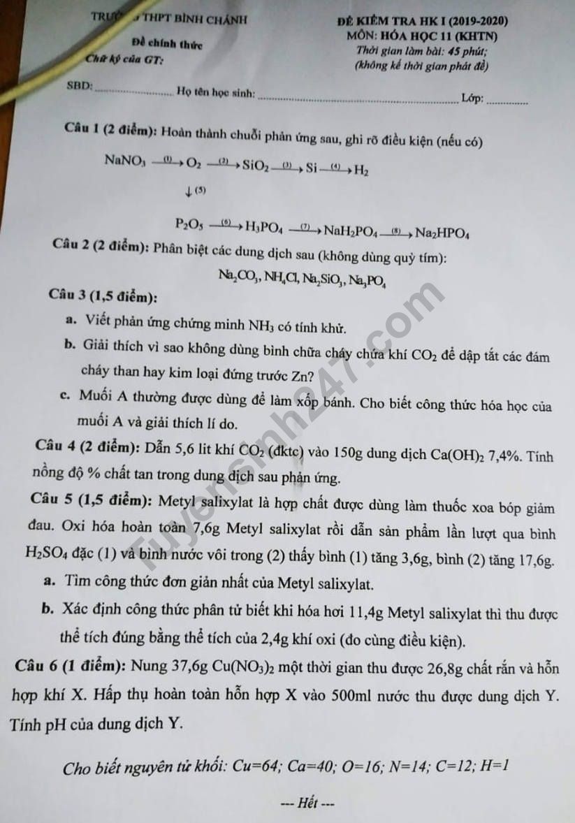 De thi mon Hoa lop 11 ki 1 THPT Binh Chanh nam 2019