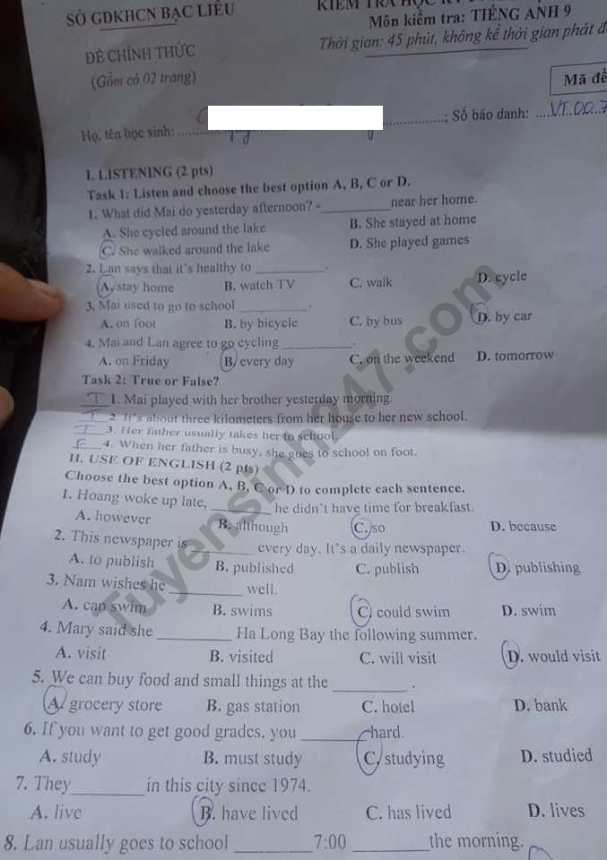 De thi mon Anh lop 9 ki 1 So GD&DT Bac Lieu nam 2019