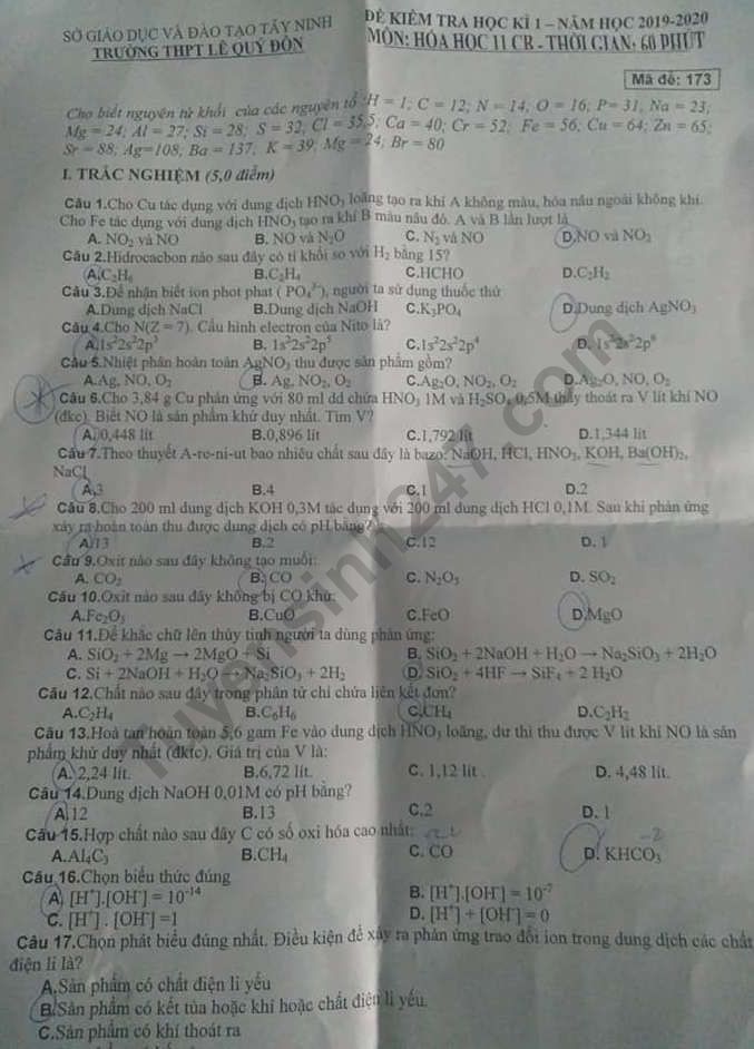 De thi cuoi ki 1 lop 11 mon Hoa - THPT Le Quy Don nam 2019