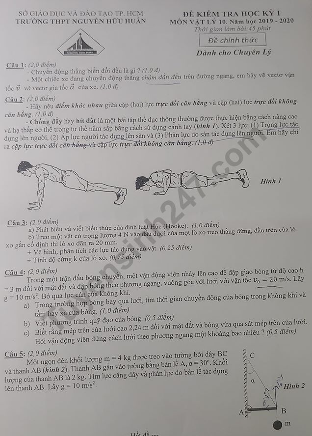 De thi ki 1 lop 10 mon Ly nam 2019 - THPT Nguyen Huu Huan