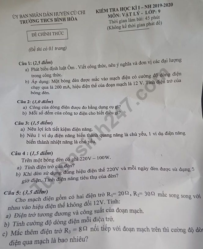 De thi mon Ly lop 9 ki 1 - THCS Binh Hoa nam 2019