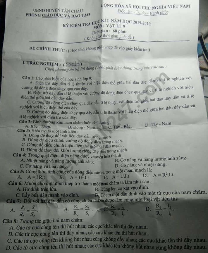 De thi ki 1 mon Ly lop 9 Phong GD&DT Tan Chau nam 2019