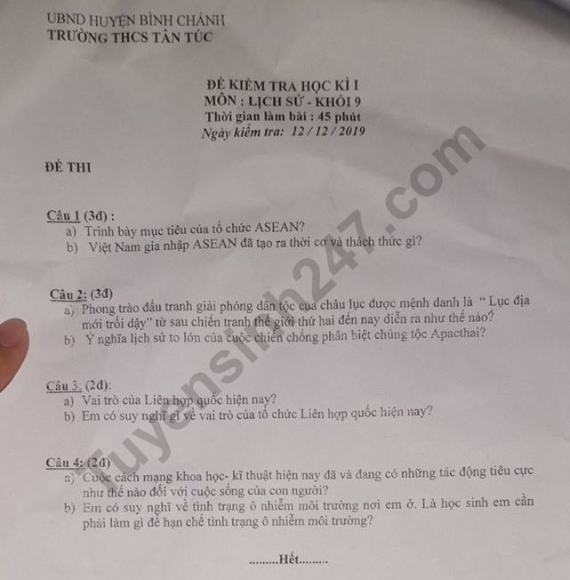 De thi ki 1 mon Su lop 9 - THCS Tan Tuc nam 2019