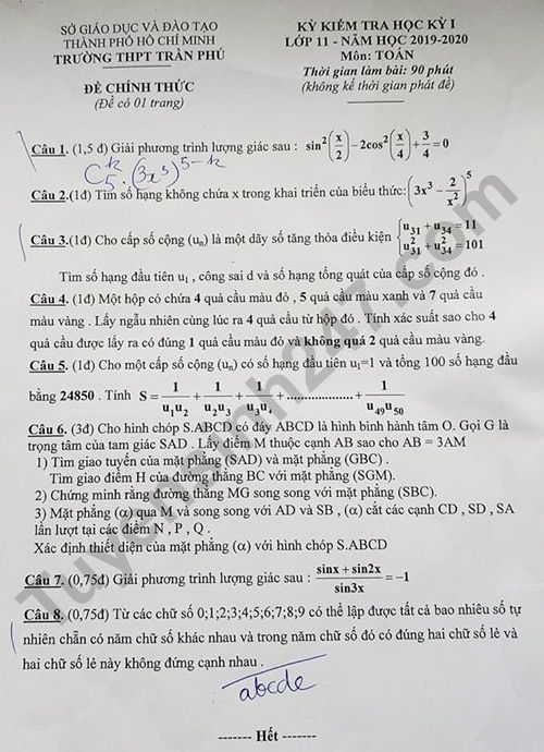 De thi cuoi ki 1 mon Toan lop 11 - THPT Tran Phu nam 2019