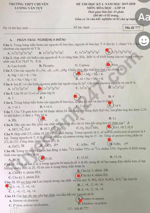 De thi hoc ki 1 Hoa  lop 10 THPT Chuyen Luong Van Tuy 2019