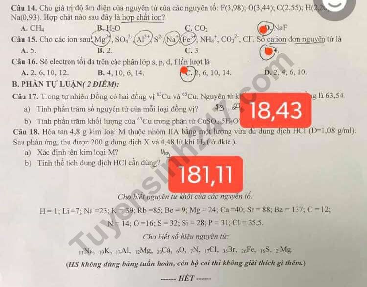 De thi hoc ki 1 Hoa  lop 10 THPT Chuyen Luong Van Tuy 2019