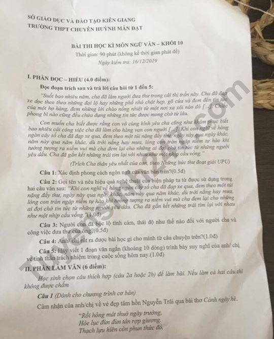 De thi ki 1 lop 10 mon Van 2019 - 2020 THPT Huynh Man Dat
