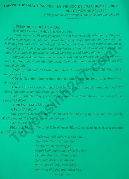 De thi ki 1 mon Van lop 10 THPT Mac Dinh Chi 2019