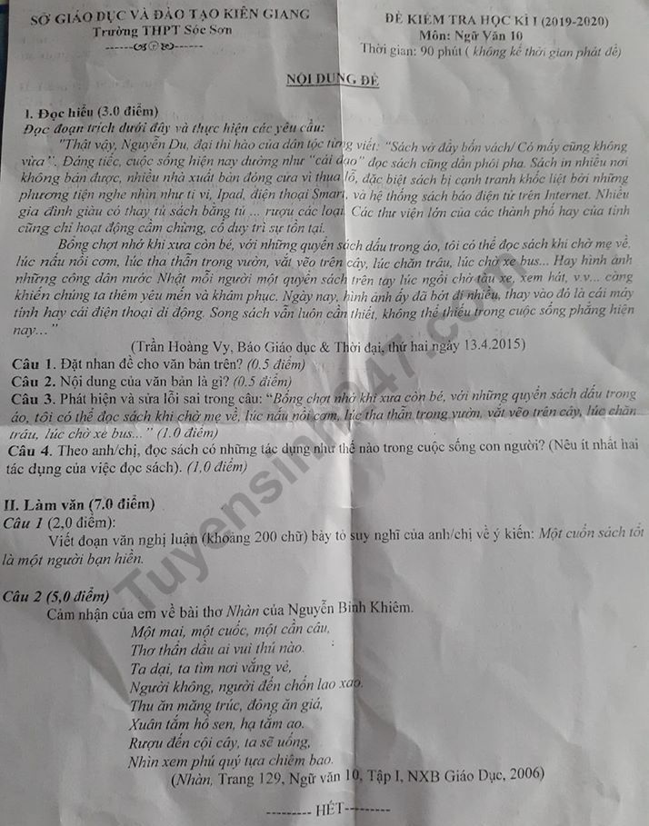 De thi ki 1 lop 10 nam 2019 - 2020 mon Van THPT Soc Son